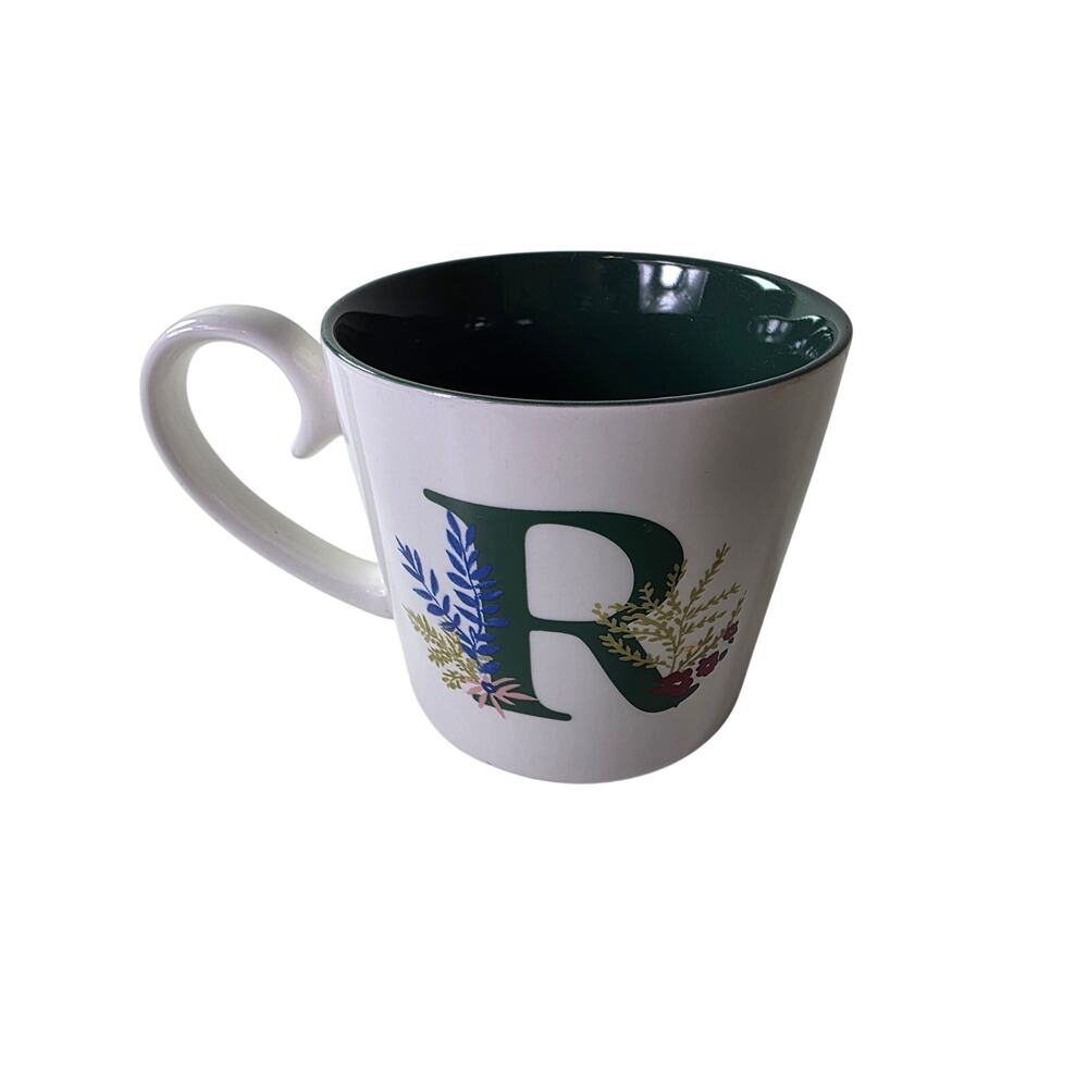 OPALHOUSE White Ornate Green Monogram Letter "R" Floral Boom Coffee Mug